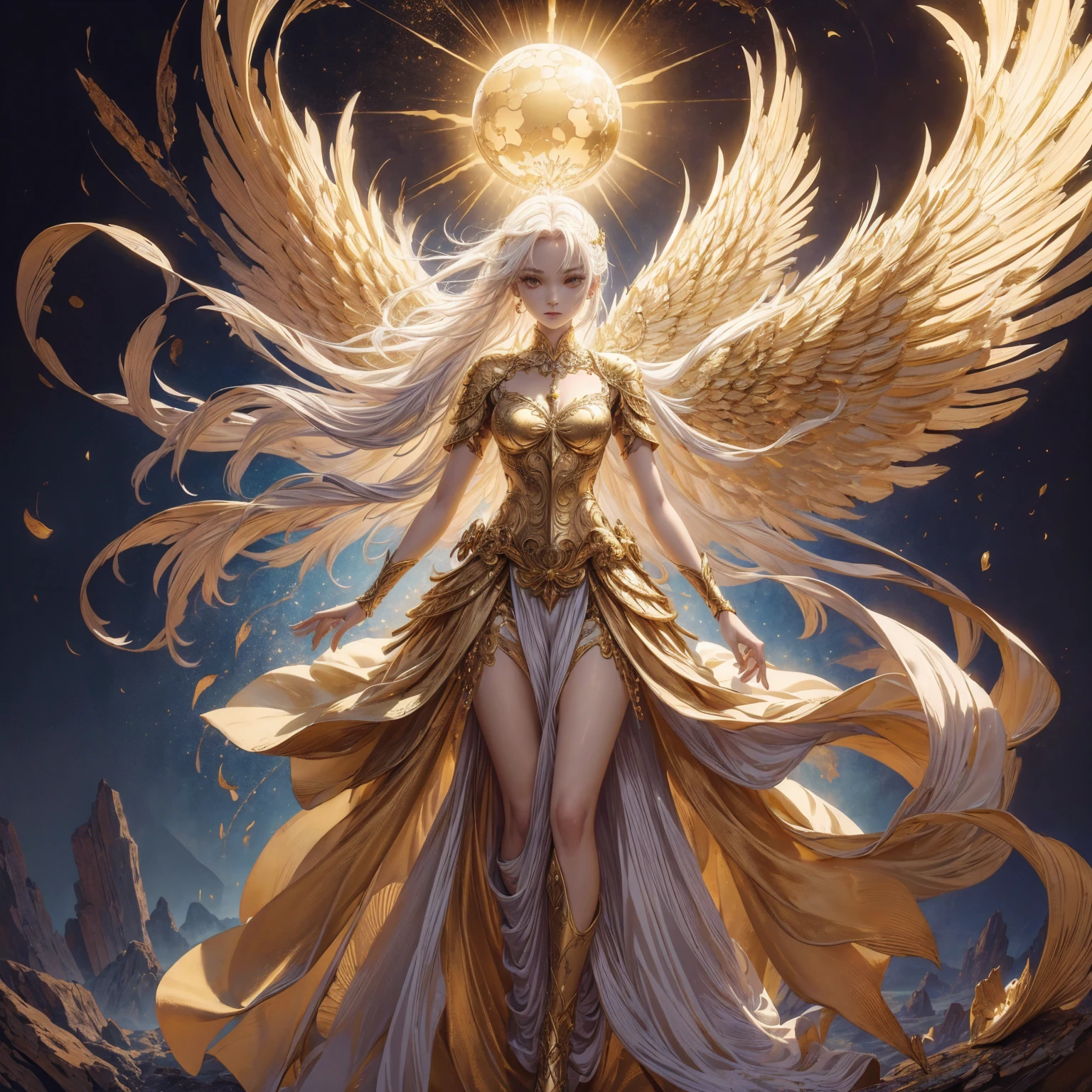 Art of Woman Wearing Sun Crown, Wearing a gorgeous golden breastplate that exposes a small amount of skin above the chest, Wearing a gorgeous golden dress, A pair of giant angel wings taller than the body spread out behind the woman., ancient goddess art, Sacredness. Very detailed, Mysterious inspiration, Inspiration from the Sun God, Religious inspiration, A divine background, Cold and snobbish face, Dangerous expressions, White hair, Standing pose floating in the air, One of the hands holds a brilliant sphere as bright as the sun., Full body portrait, Gothic art style, Weird art style, Occult art