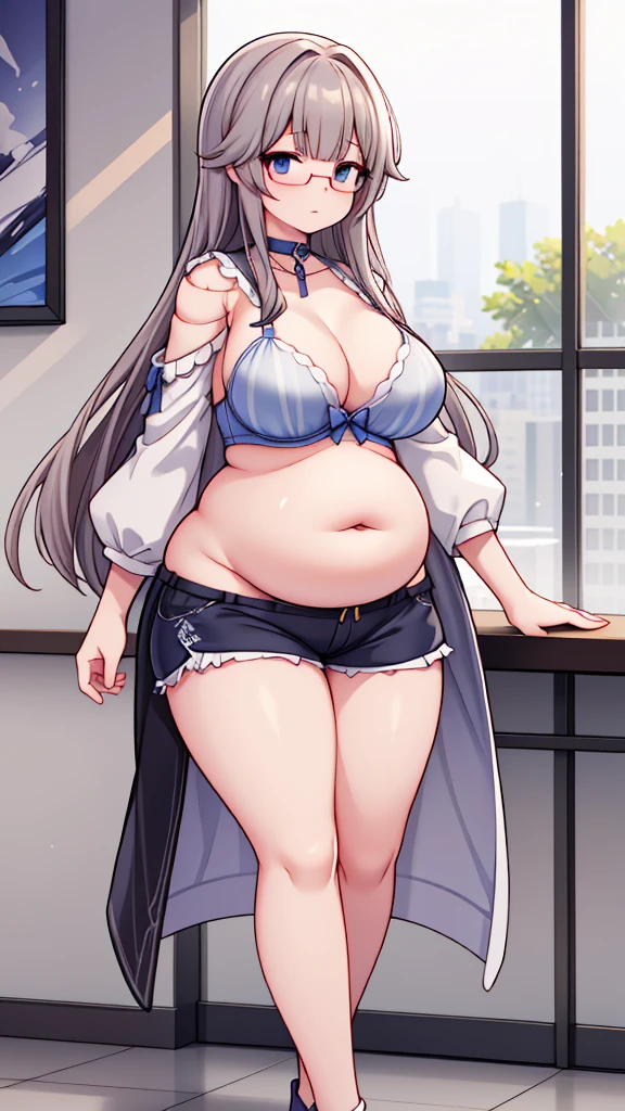 (masterpiece, best quality, highly detailed), 1girls, big belly, huge belly, art by kipteitei, round belly, chubby, curvy, belly grab, enormous belly, fat belly, thicc, bigger belly, really big belly, jiggly belly, shirt covering belly, belly cover by shirt, glasses, no shirt, bra, thight shorts, ((full body)), long hair