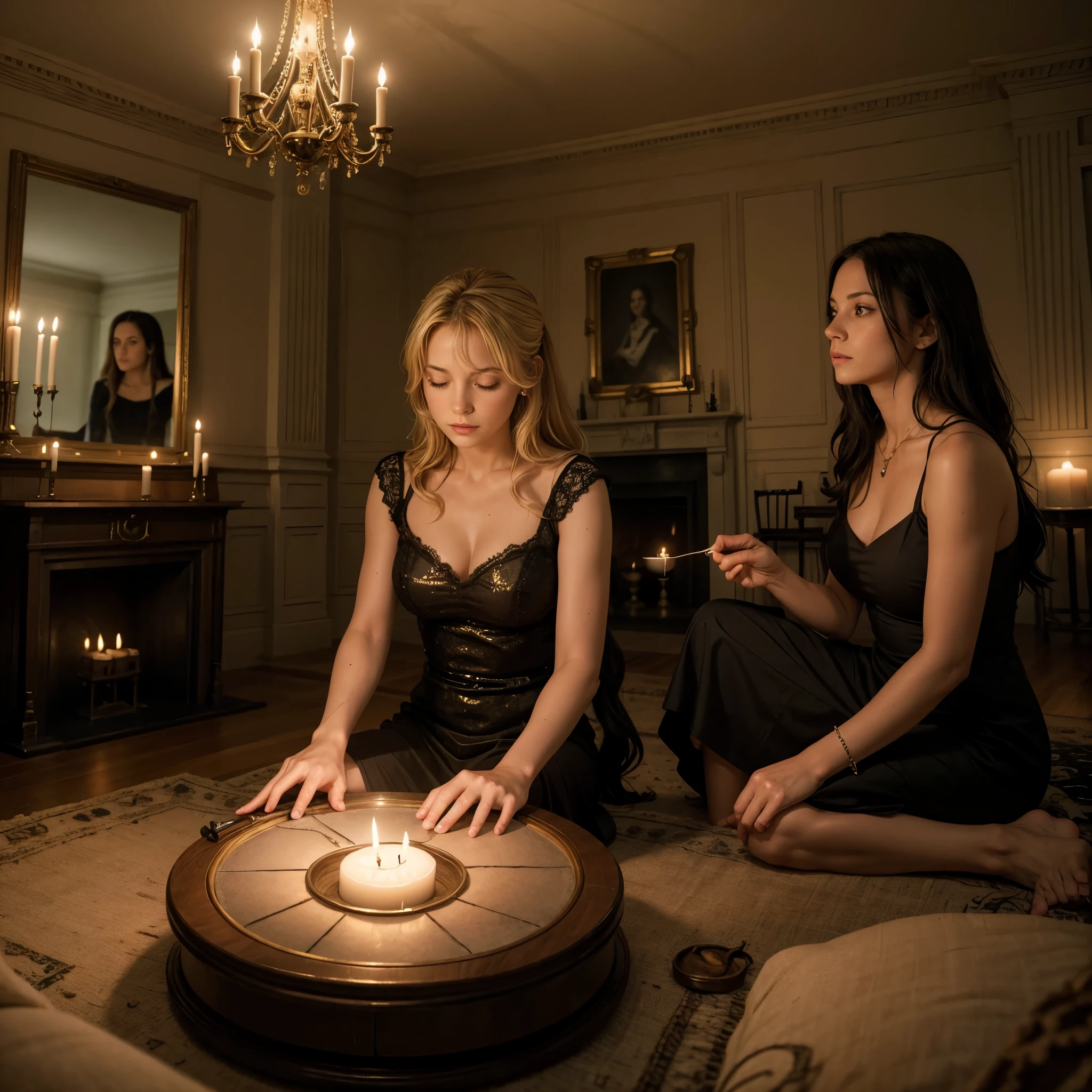 Caroline Ellis and her friend Jill are in a room in the mansion, performing a protective ritual. Caroline is drawing a circle of salt on the floor while Jill holds a spell book and a lit candle.. The room is lit by candles, creating a mystical ambiance. Voodoo symbols are drawn on the walls, and there is a palpable tension in the air as they focus on the ritual