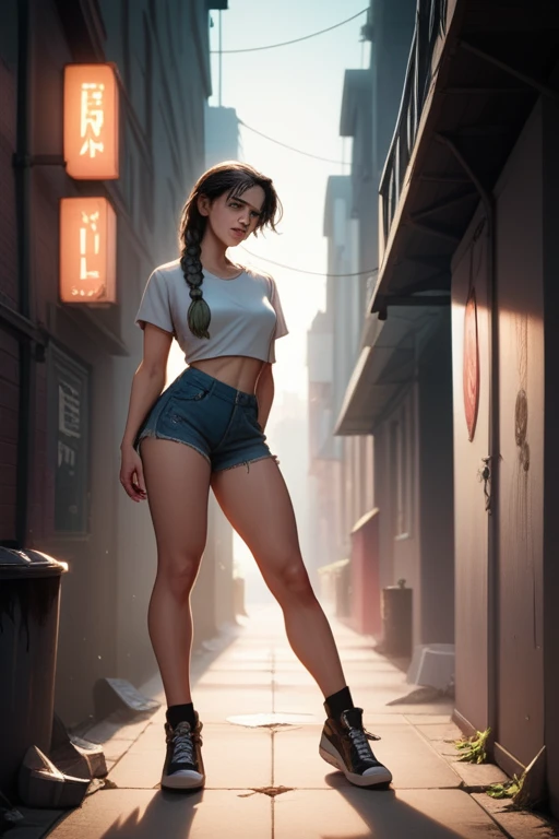 Hungarian woman with an athletic and toned physique; striking features with high cheekbones; green eyes; long, dark hair often styled in intricate braids; 'light olive' skin; best quality; trending on artstation; complex volumetric lighting; strong shadows; artistic lighting; dynamic; energetic vibe; realistic skin; specular highlights; micro-textures; highly detailed hair; crumbling concrete walls; dystopian aesthetic; injured and bleeding; slumped behind garbage in an alleyway at night; in pain; bloody