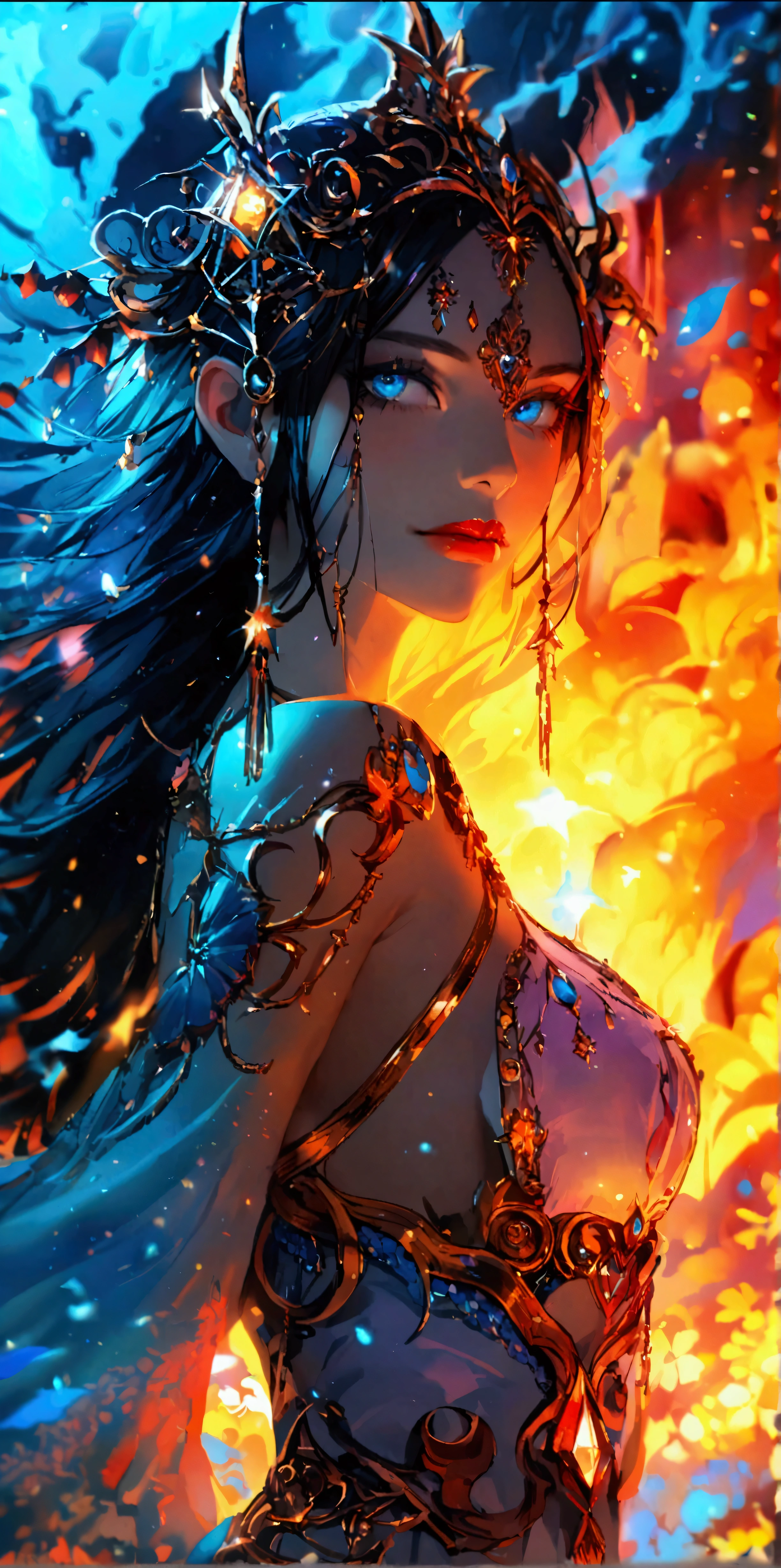 A dim volcano in the background,A long skirt made of magma,Beautiful goddess,Bright color pair,Beautiful blue eyes,((Look at the camera,Full body portrait))