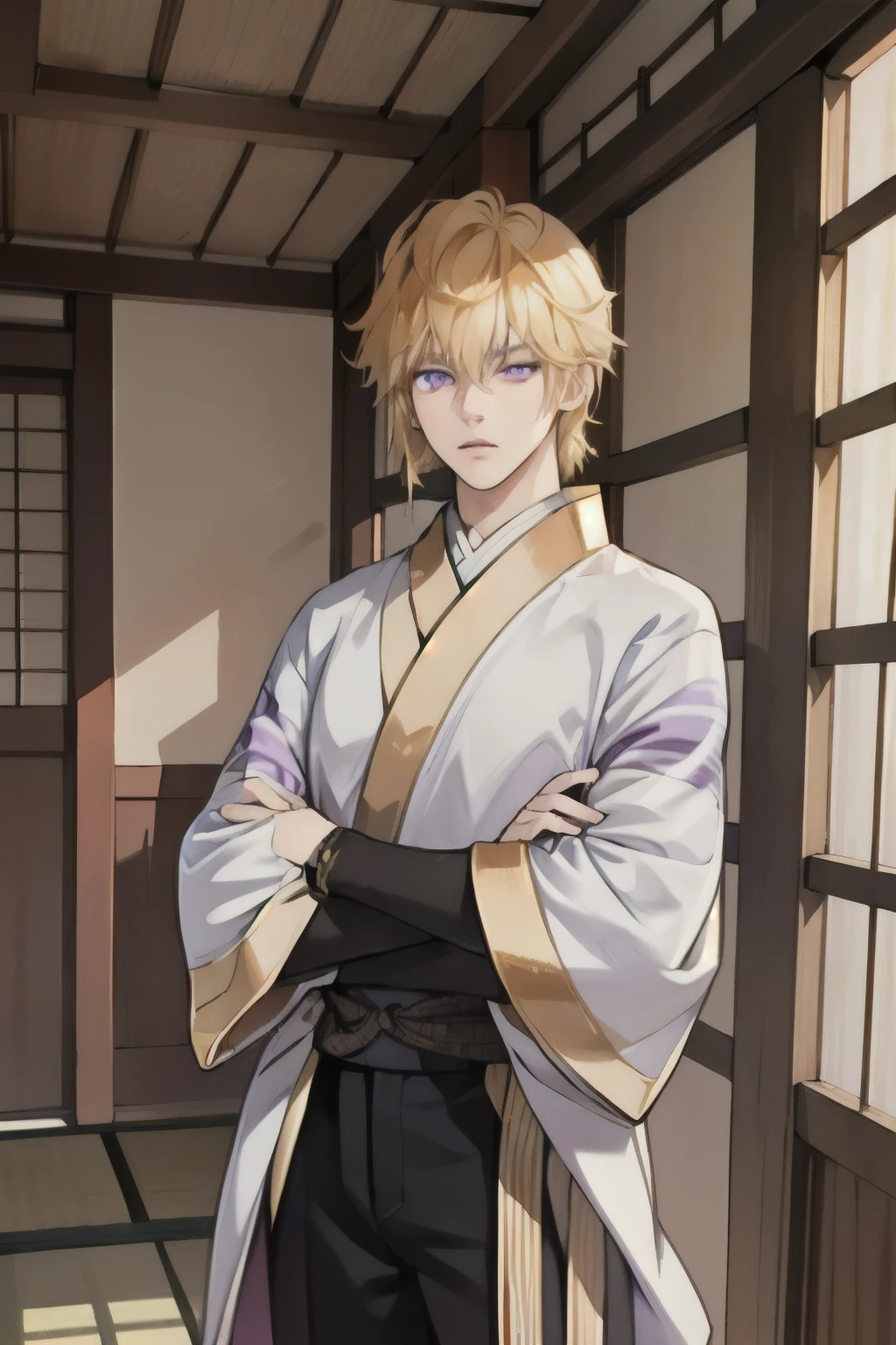 (Masterpiece, High Quality, Ultra Detailed, Same Eyes, Digital Painting ) a twenty years old boy in a old japanese house with his arms crossed, he has blond gold hair, purple eyes, wearing a punk outfit with zebra fur