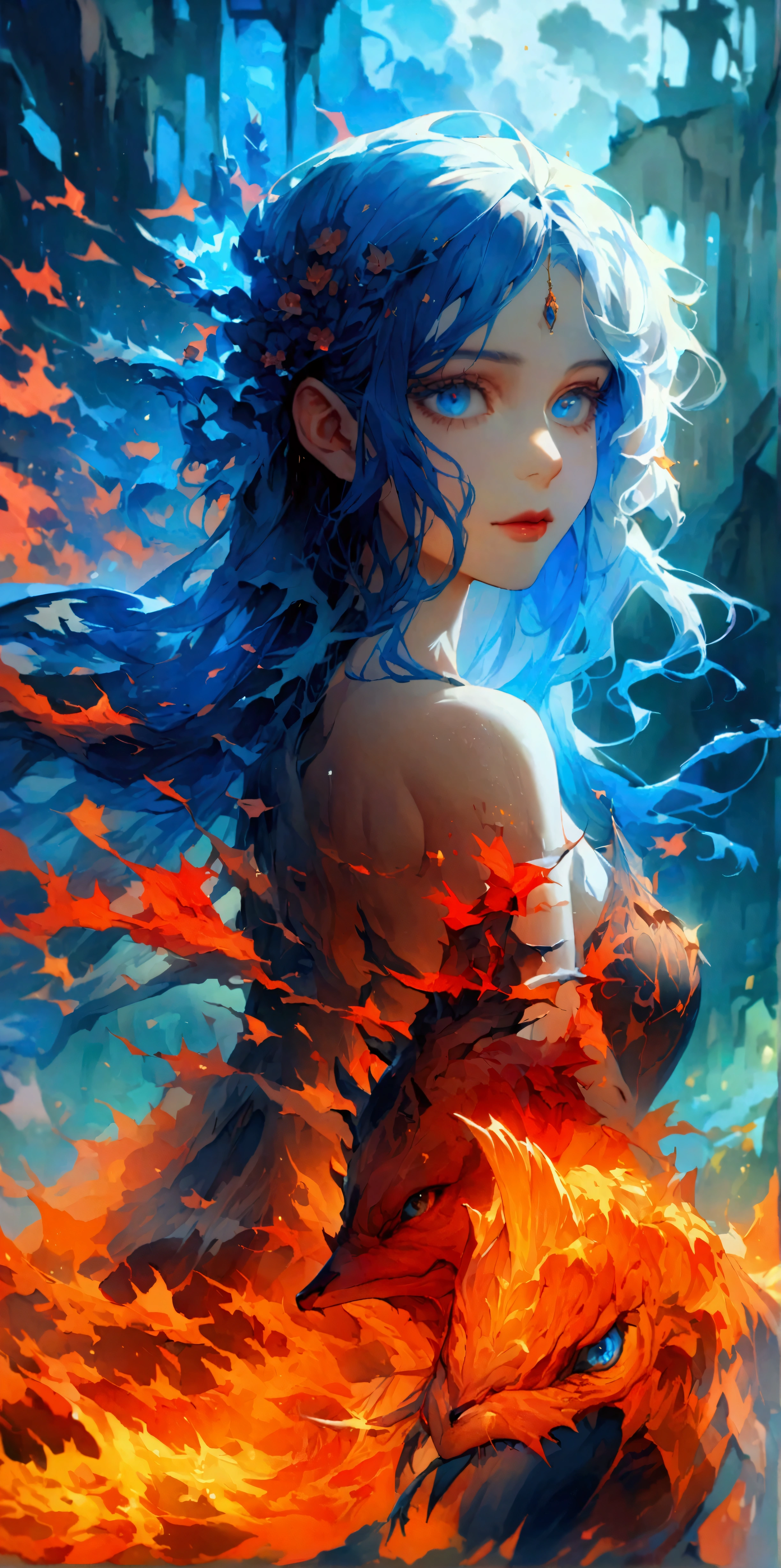 A dim volcano in the background，A long skirt made of magma，Beautiful goddess，Bright color pair,Beautiful blue eyes，((Look at the camera，Full body portrait))