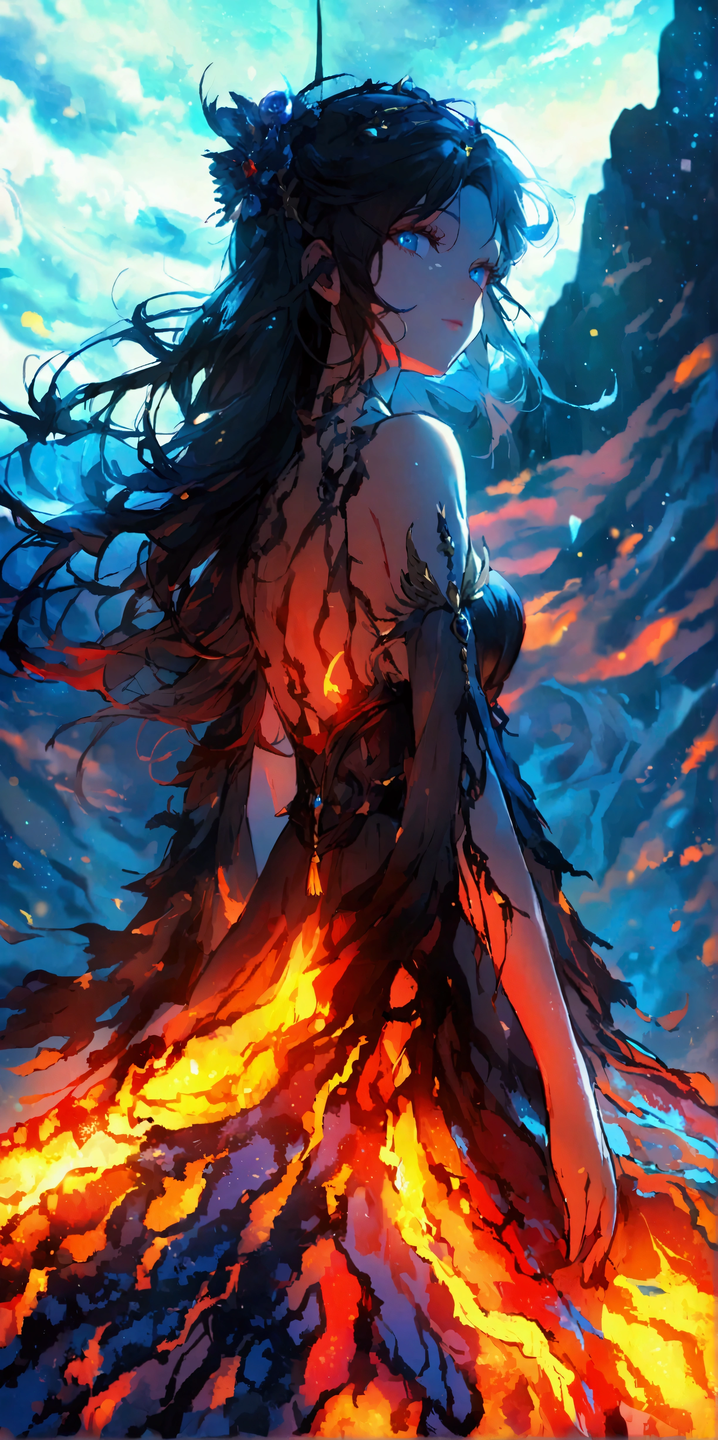 A dim volcano in the background，A long skirt made of magma，Beautiful goddess，Bright color pair,Beautiful blue eyes，((Look at the camera，Full body portrait))