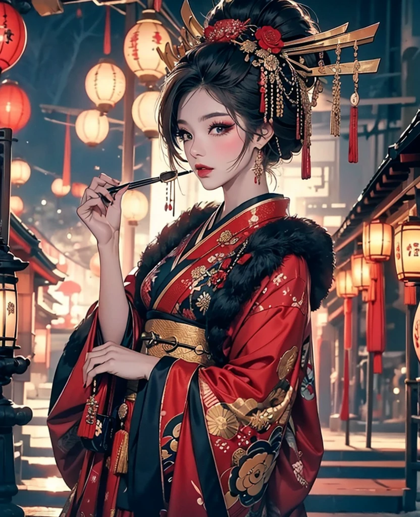 8k,close to viewerclose to viewer,god々A beautifully and gorgeously decorated courtesan,Black Japanese clothing,luxurious makeup,(Gorgeous black and red costume:1.2),(Oiran hair ornament,Big Barrel),(Smoke pipe),Osaka Castle seen in the distance,Courtesan Procession,Night scenery with lanterns lined up,Dynamic movement and powerful brushstrokes、Drawing strokes drawn with rot ring 0,
