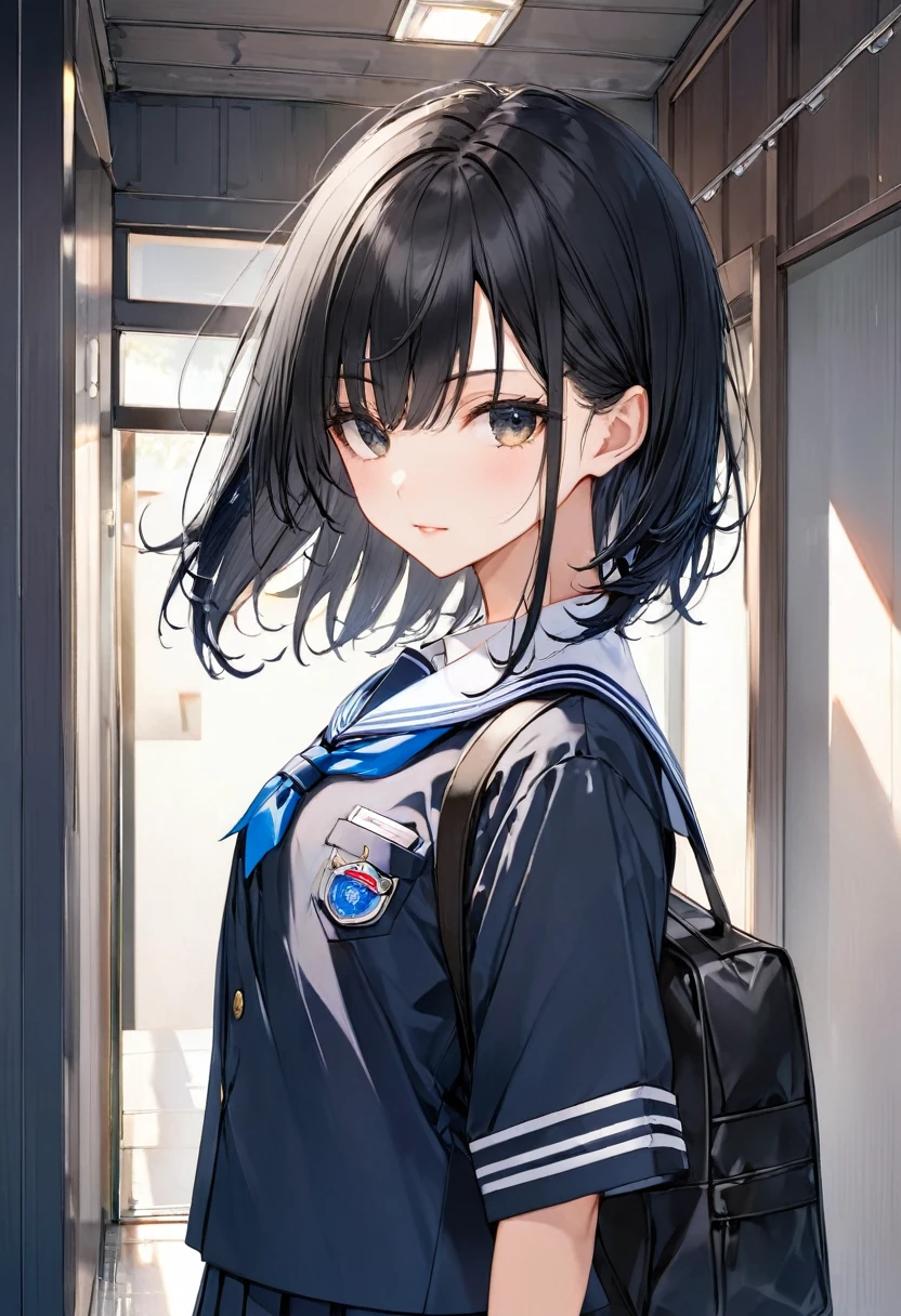 high school girl、Japanese、Black Hair、Shortcuts、Wearing a uniform、Beautiful、boyish、cool、