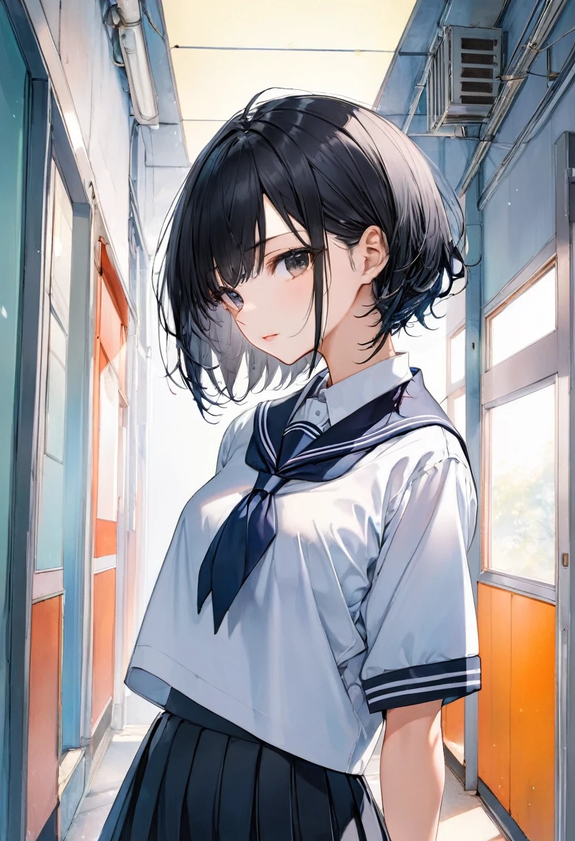 high school girl、Japanese、Black Hair、Shortcuts、Wearing a uniform、Beautiful、boyish、cool、
