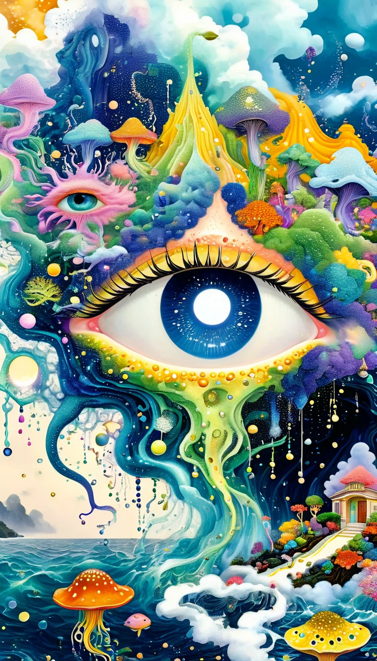 Strong visual fusion of multiple elements，Broto，来自Star的艺术家，Dopamine color scheme，house、Eye、pearl珠帘、pearl、Star、cloud、fish、Spore powder、Ocean、rain、Tentacles，Describing the inner world of autistic people，密集Pointillism method。Smooth lines。interesting，Strange illustration。Pointillism method。Strong contrast。Award-winning works。