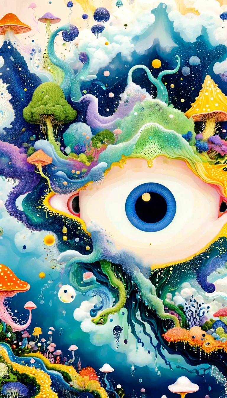 Strong visual fusion of multiple elements,Broto,来自Star的艺术家,Dopamine color scheme,house、Eye、pearl珠帘、pearl、Star、cloud、fish、Spore powder、Ocean、rain、Tentacles,Describing the inner world of autistic people,密集Pointillism method。Smooth lines。interesting,Strange illustration。Pointillism method。Strong contrast。Award-winning works。