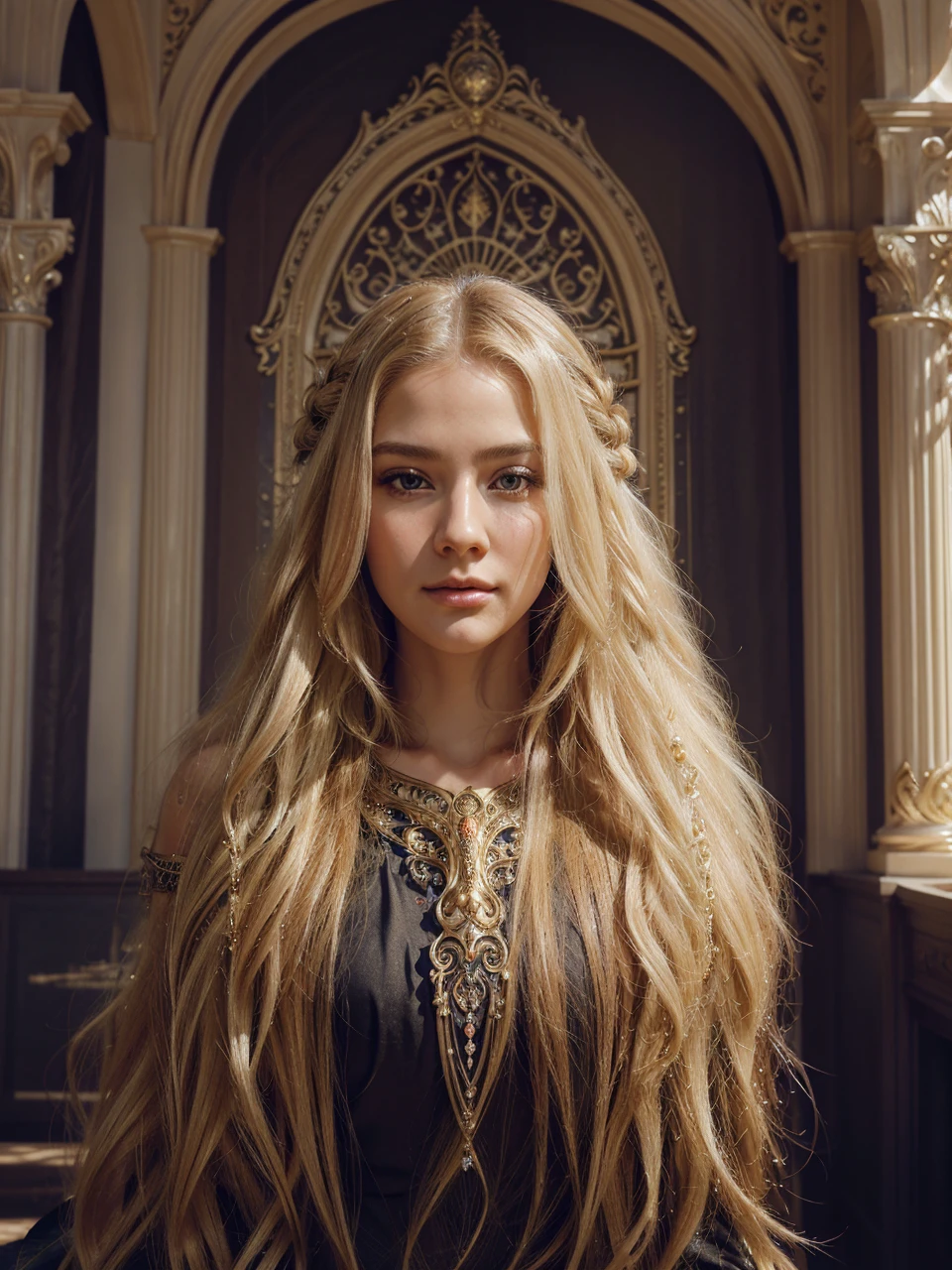 woman with long blonde hair, ornate long flowing blonde hair, beautifu realistic fantasy portrait, elegant cinematic fantasy photo, imperial and elegant hair style, ornate long blond hair, galactic beauty. beautiful, very beautiful top model, beautiful woman, ornate detailed hair, realistic, futuristic castle, full picture, Royo, Giger, FHD, 8k 