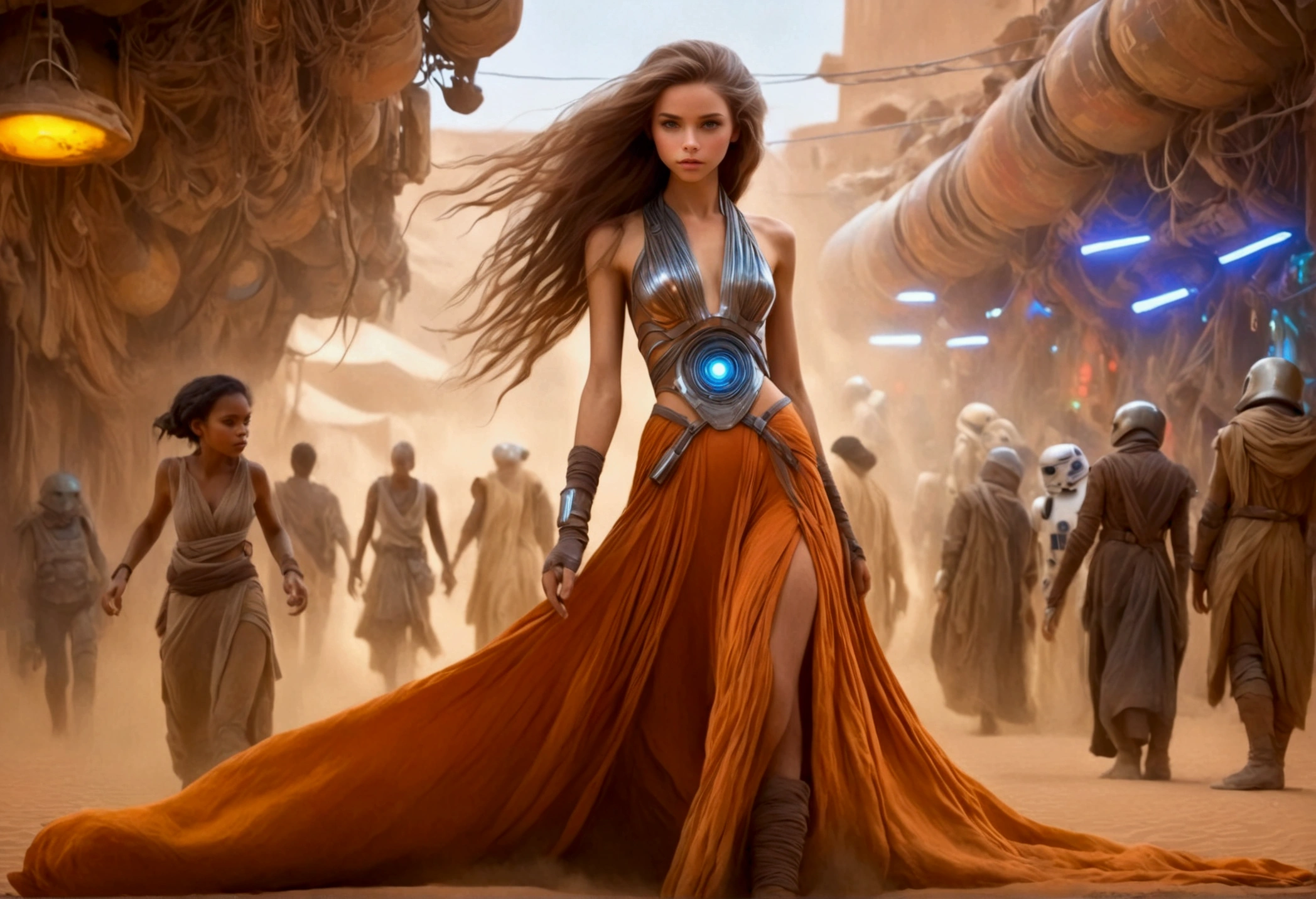 a lovely woman in an airy dress, marketplace on tattooine(area is seed, rusty, dusty, and used. People are dressed in ruddy outer layers but have vibrant clothing beneath. Dust and sand continually get on the floor. droids small and worn busy themselves battling the dirt and grime), aliens, star wars, cyberpunk, neon lights, crowd, futuristic, vibrant colors, detailed, photorealistic, 8k, high quality, cinematic, dynamic pose, beautiful girl, long flowing hair, intricate dress design, alien vendors, bustling marketplace, scifi atmosphere, dramatic lighting, advanced technologies, retro-futuristic, gritty urban, synergistic blend