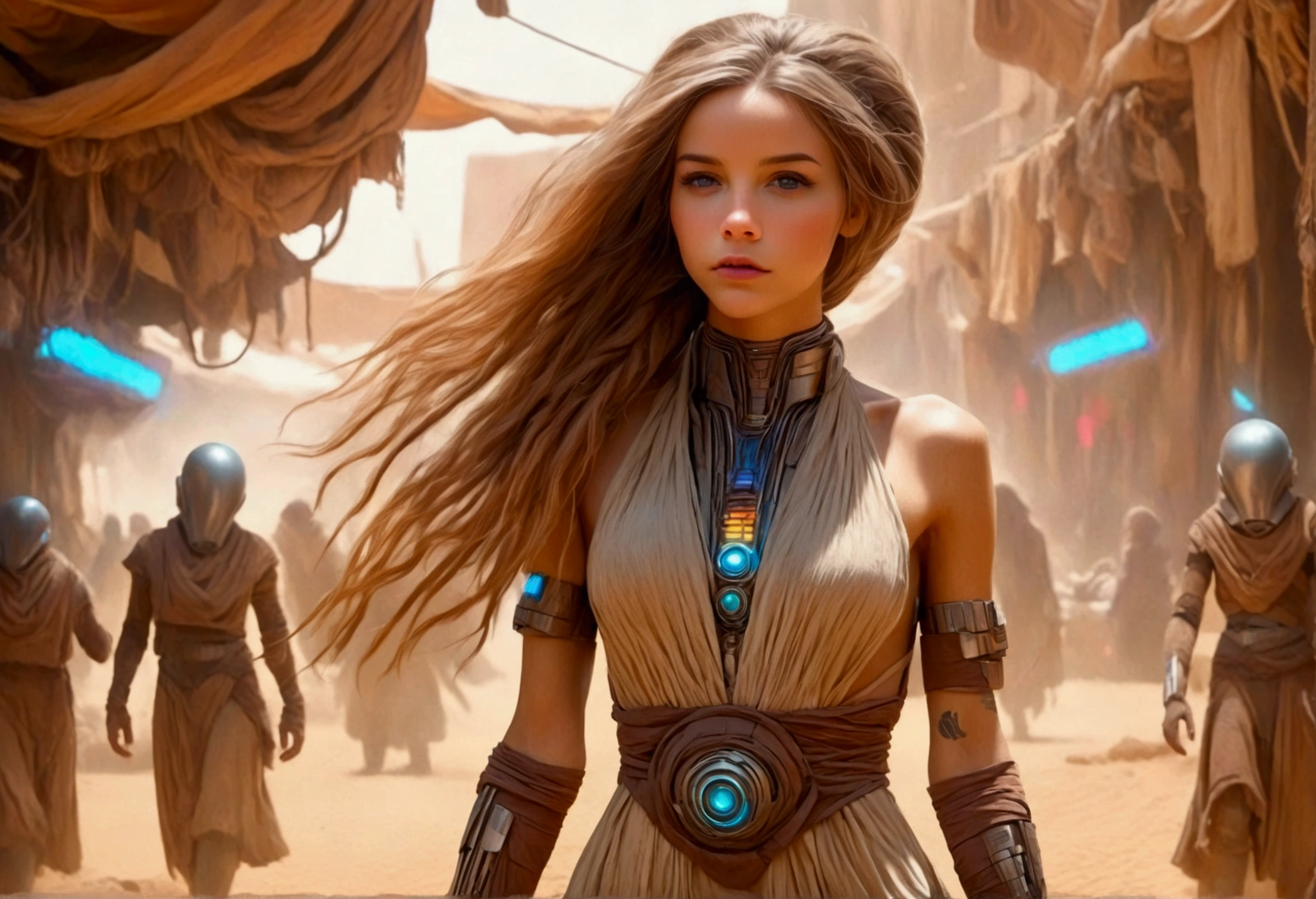 a lovely woman in an airy dress, marketplace on tattooine(area is seed, rusty, dusty, and used. People are dressed in ruddy outer layers but have vibrant clothing beneath. Dust and sand continually get on the floor. droids small and worn busy themselves battling the dirt and grime), aliens, star wars, cyberpunk, neon lights, crowd, futuristic, vibrant colors, detailed, photorealistic, 8k, high quality, cinematic, dynamic pose, beautiful girl, long flowing hair, intricate dress design, alien vendors, bustling marketplace, scifi atmosphere, dramatic lighting, advanced technologies, retro-futuristic, gritty urban, synergistic blend