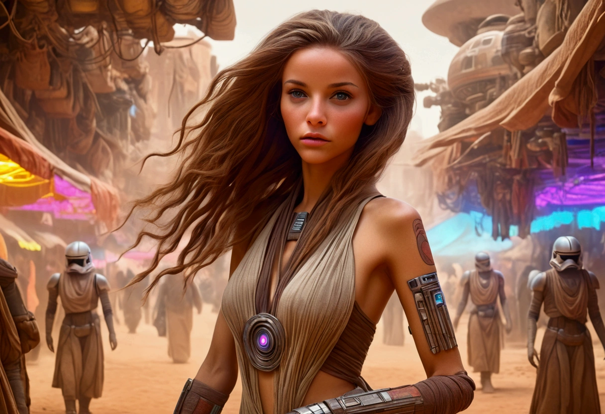 a lovely woman in an airy dress, marketplace on tattooine(area is seed, rusty, dusty, and used. People are dressed in ruddy outer layers but have vibrant clothing beneath. Dust and sand continually get on the floor. droids small and worn busy themselves battling the dirt and grime), aliens, star wars, cyberpunk, neon lights, crowd, futuristic, vibrant colors, detailed, photorealistic, 8k, high quality, cinematic, dynamic pose, beautiful girl, long flowing hair, intricate dress design, alien vendors, bustling marketplace, scifi atmosphere, dramatic lighting, advanced technologies, retro-futuristic, gritty urban, synergistic blend