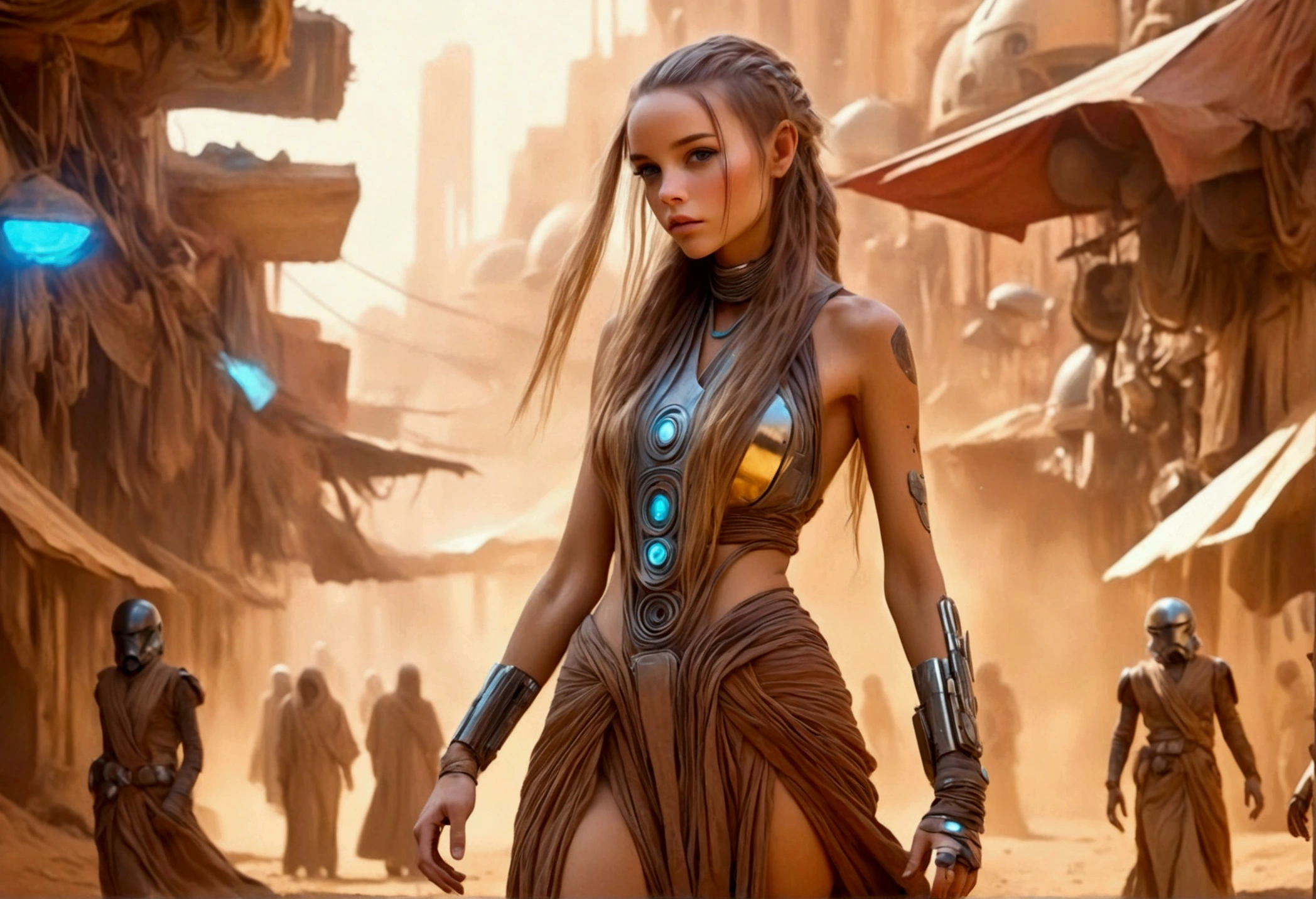 a lovely woman in an airy dress, marketplace on tattooine(area is seed, rusty, dusty, and used. People are dressed in ruddy outer layers but have vibrant clothing beneath. Dust and sand continually get on the floor. droids small and worn busy themselves battling the dirt and grime), aliens, star wars, cyberpunk, neon lights, crowd, futuristic, vibrant colors, detailed, photorealistic, 8k, high quality, cinematic, dynamic pose, beautiful girl, long flowing hair, intricate dress design, alien vendors, bustling marketplace, scifi atmosphere, dramatic lighting, advanced technologies, retro-futuristic, gritty urban, synergistic blend