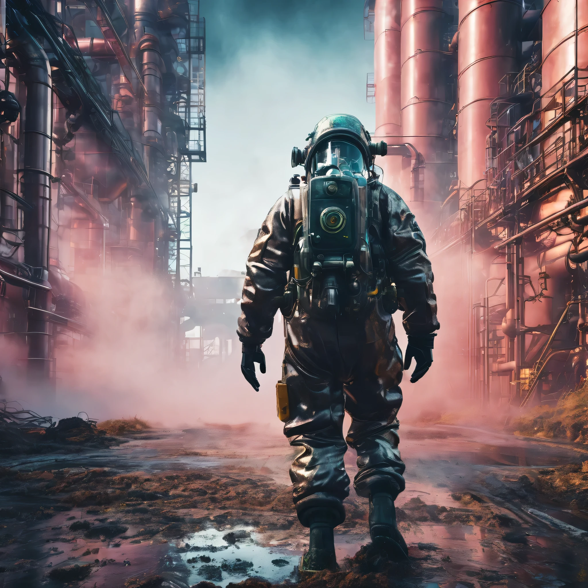 A man in a gas suit walking through an abandoned chemical factory, leaking gas and toxic smoke, surreal color tones, photography style, by Greg Rutkowski, epic 3D videogame graphics, intricately detailed, 8K resolution, dynamic lighting, Unreal Engine 5, CryEngine, trending on ArtStation, HDR, 3D masterpiece, Unity render, perfect composition