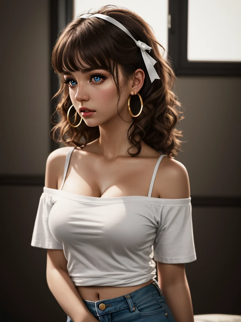 illustration, style of Philip Lorca diCorcia, cinematic film still portrait of young girl aged 18 yrs old, 1girl, solo, Instagram model, athletic figure, deep cleavage, modest bust size, pretty face, wearing an off the shoulder white T-shirt, wearing jean shorts, light brown hair, short curly hair, crossed bangs, brown eyes, constricted pupils, hair ribbon, hoop earrings, cinematic lighting, Ultra-Wide Angle, Canon, Hyperrealism, UHD, masterpiece, textured skin, high details, best quality, detailed eyes, detailed iris, close up view full body photo