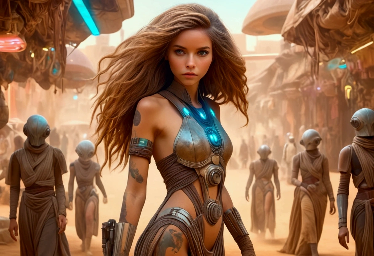 a lovely woman in an airy dress, marketplace on tattooine(area is seed, rusty, dusty, and used. People are dressed in ruddy outer layers but have vibrant clothing beneath. Dust and sand continually get on the floor. droids small and worn busy themselves battling the dirt and grime), aliens, star wars, cyberpunk, neon lights, crowd, futuristic, vibrant colors, detailed, photorealistic, 8k, high quality, cinematic, dynamic pose, beautiful girl, long flowing hair, intricate dress design, alien vendors, bustling marketplace, scifi atmosphere, dramatic lighting, advanced technologies, retro-futuristic, gritty urban, synergistic blend