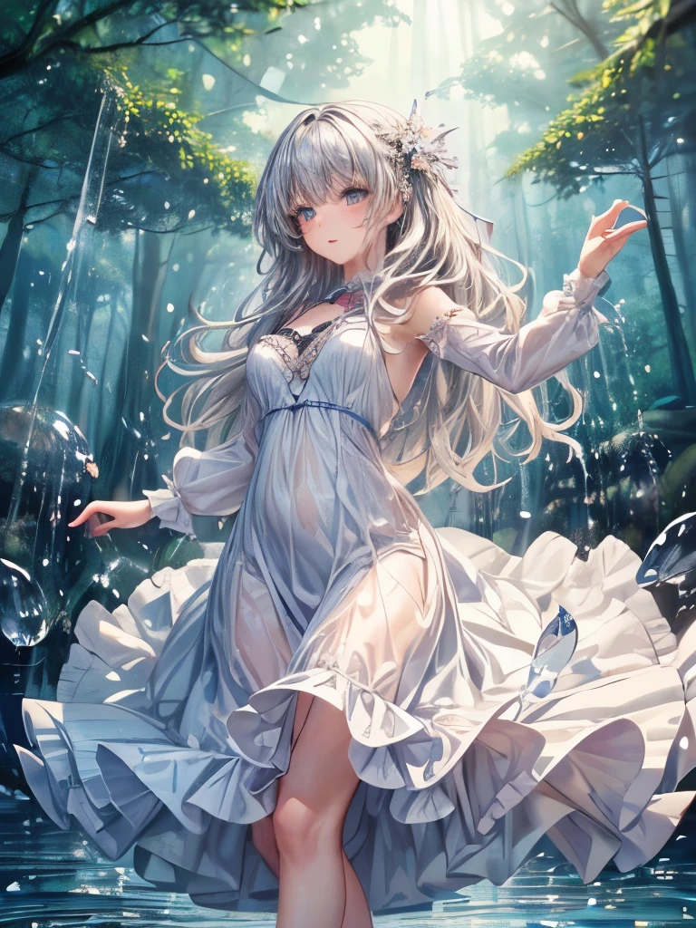 ((Highest quality))、((masterpiece))、(detailed)、((Anatomically correct))、(High resolution、8k)、One Woman、cowboy shot、(Beautiful Skin:1.1)、bangs、long hair、Wavy Hair、Silver Hair、(Beautiful eyes:1.2)、Double eyelids、Gorgeous dress、dance、Lake in the forest、(Dancing Splashes:1.5)、Cinema Lighting
