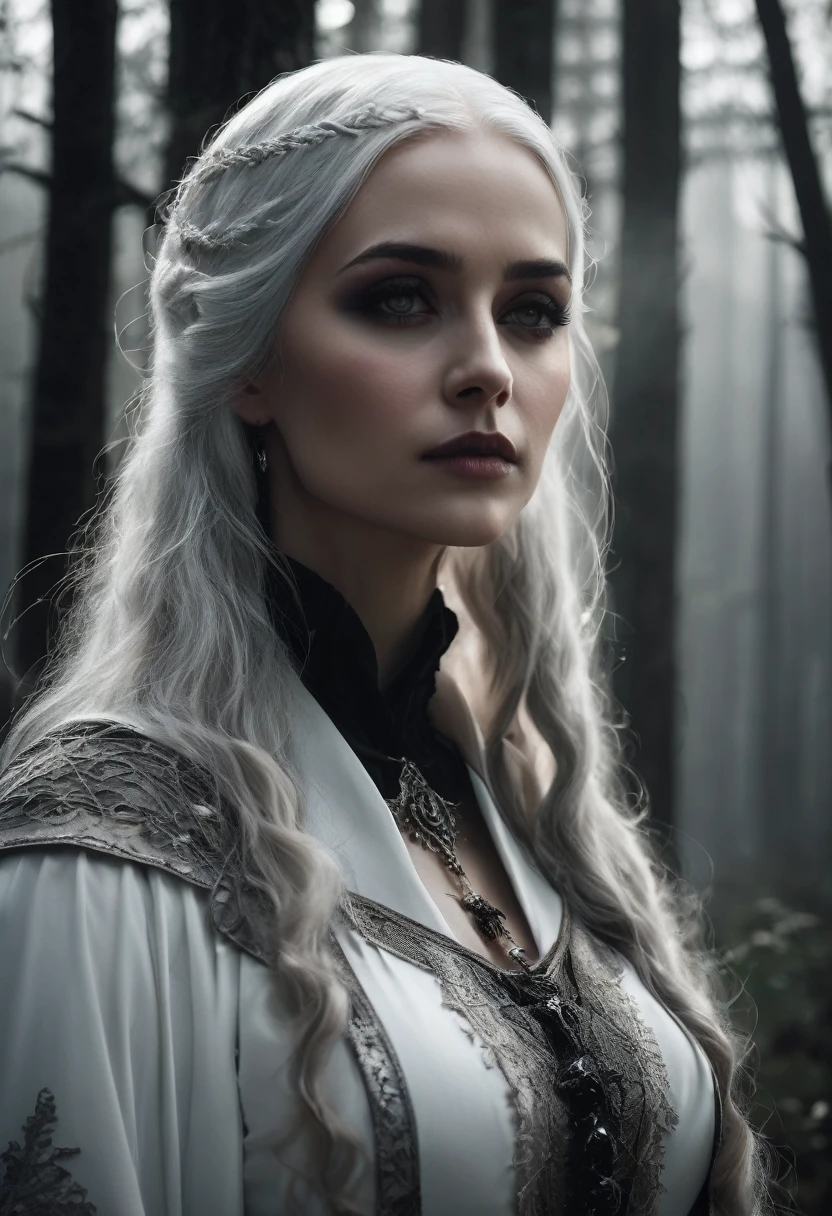 a beautiful woman, 30 years old, caucasian, grey eyes, white hair, witch, profile portrait, white clothing with bone details, sharp bones around, dark forest background, (best quality,4k,8k,highres,masterpiece:1.2),ultra-detailed,(realistic,photorealistic,photo-realistic:1.37),intricate details,chiaroscuro lighting,moody atmosphere,dramatic lighting,dark fantasy,gothic,occult