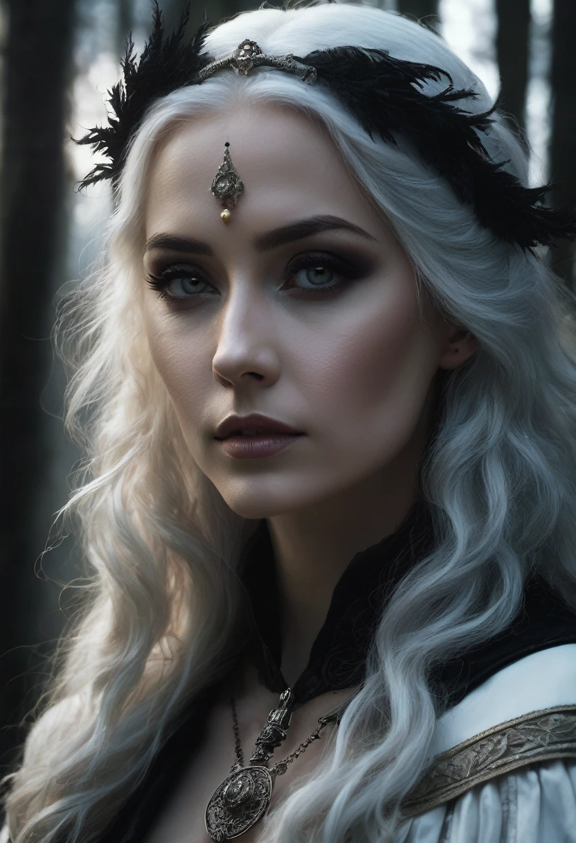 a beautiful woman, 30 years old, caucasian, grey eyes, white hair, witch, profile portrait, white clothing with bone details, sharp bones around, dark forest background, (best quality,4k,8k,highres,masterpiece:1.2),ultra-detailed,(realistic,photorealistic,photo-realistic:1.37),intricate details,chiaroscuro lighting,moody atmosphere,dramatic lighting,dark fantasy,gothic,occult