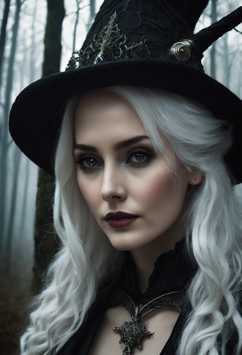 a beautiful woman, 30 years old, caucasian, grey eyes, white hair, witch, profile portrait, white clothing with bone details, sharp bones around, dark forest background, (best quality,4k,8k,highres,masterpiece:1.2),ultra-detailed,(realistic,photorealistic,photo-realistic:1.37),intricate details,chiaroscuro lighting,moody atmosphere,dramatic lighting,dark fantasy,gothic,occult