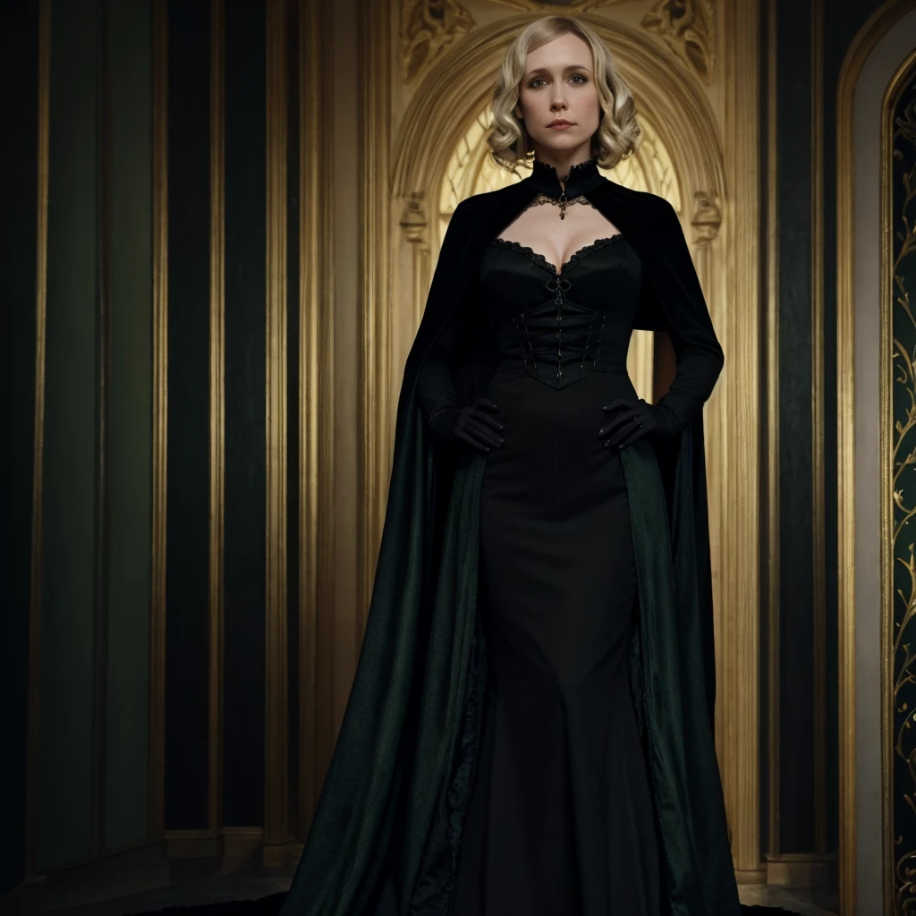 Full body of Vera Farmiga with a blonde platinum hair, pale skin, green eyes, gothic victorian dress, black makeup, black cape, golden jewels, gothic visual,