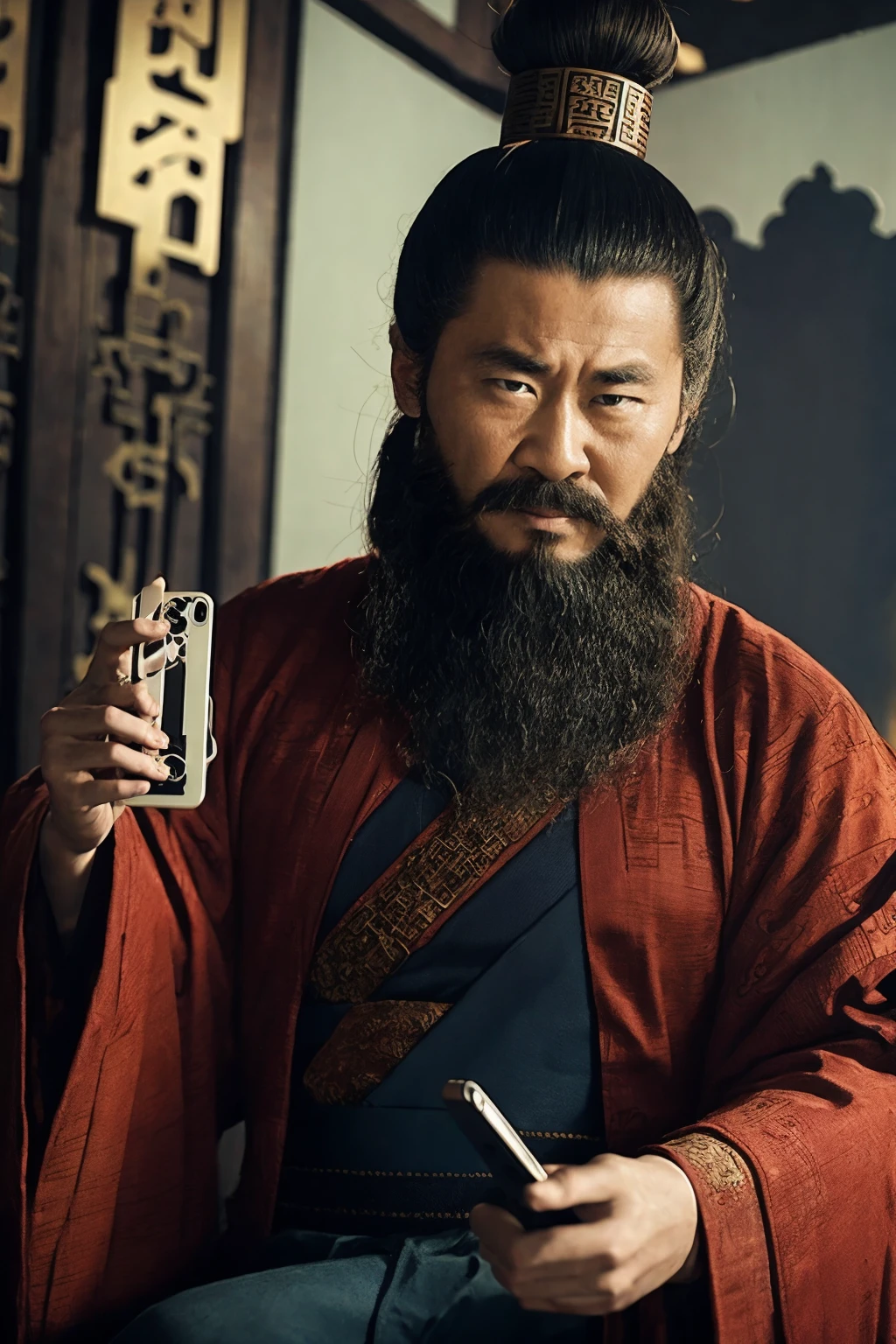 oriental-like、a adult man wearing ancient Chinese armor、Yuanyou Guan (Yuanyouguan), ancient chinese hairstyle、 (((holding the phone and show the screen to the viewer))), three kingdoms、top-quality、masterpiece、超A high resolution、(Photorealsitic:1.4)、Game Posters、Black clothes、long beard, inspired by caocao,