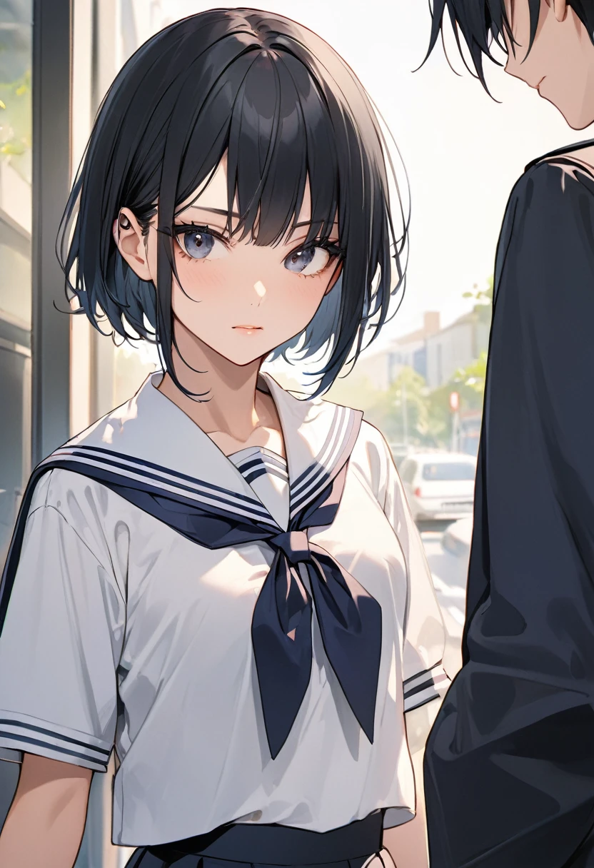 high school girl、Japanese、Black Hair、Shortcuts、Wearing a uniform、Beautiful、boyish、cool、