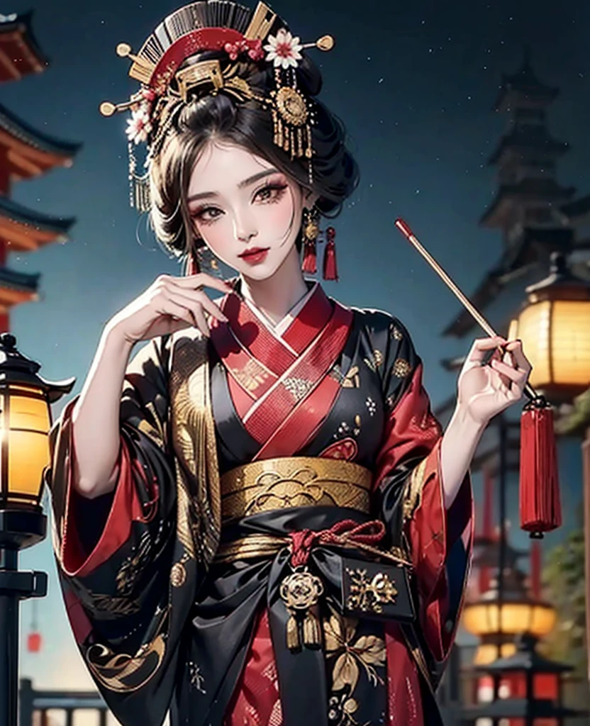 8k,close to viewerclose to viewer,god々A beautifully and gorgeously decorated courtesan,Black Japanese clothing,luxurious makeup,(Gorgeous black and red costume:1.2),(Oiran hair ornament,Big Barrel),(Smoke pipe),Osaka Castle seen in the distance,Courtesan Procession,Night scenery with lanterns lined up,Dynamic movement and powerful brushstrokes、Drawing strokes drawn with rot ring 0,