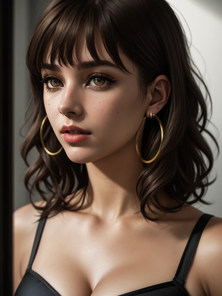 illustration, style of Philip Lorca diCorcia, cinematic film still portrait of young girl aged 18 yrs old, 1girl, solo, Instagram model, athletic figure, deep cleavage, modest bust size, pretty face, wearing a black bikini, light brown hair, short curly hair, crossed bangs, brown eyes, constricted pupils, hair ribbon, hoop earrings, cinematic lighting, Ultra-Wide Angle, Canon, Hyperrealism, UHD, masterpiece, textured skin, high details, best quality, detailed eyes, detailed iris, close up view