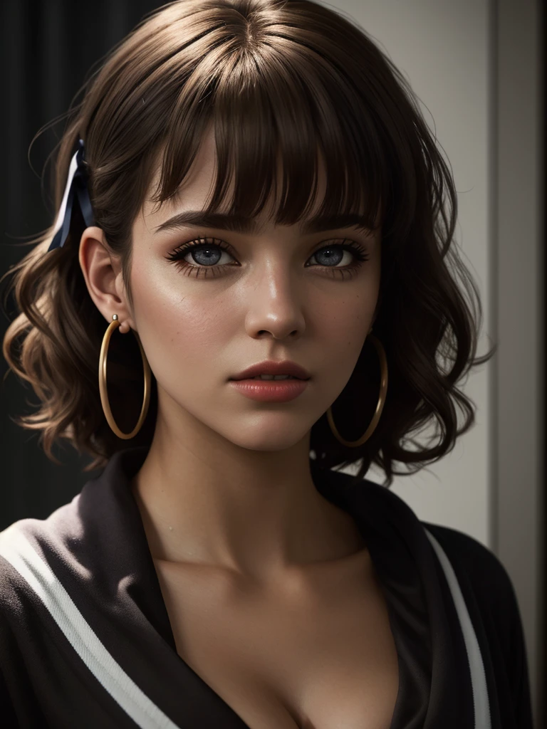 illustration, style of Philip Lorca diCorcia, cinematic film still portrait of young girl aged 18 yrs old, 1girl, solo, Instagram model, athletic figure, deep cleavage, modest bust size, pretty face, wearing a black bikini, light brown hair, short curly hair, crossed bangs, brown eyes, constricted pupils, hair ribbon, hoop earrings, cinematic lighting, Ultra-Wide Angle, Canon, Hyperrealism, UHD, masterpiece, textured skin, high details, best quality, detailed eyes, detailed iris, close up view