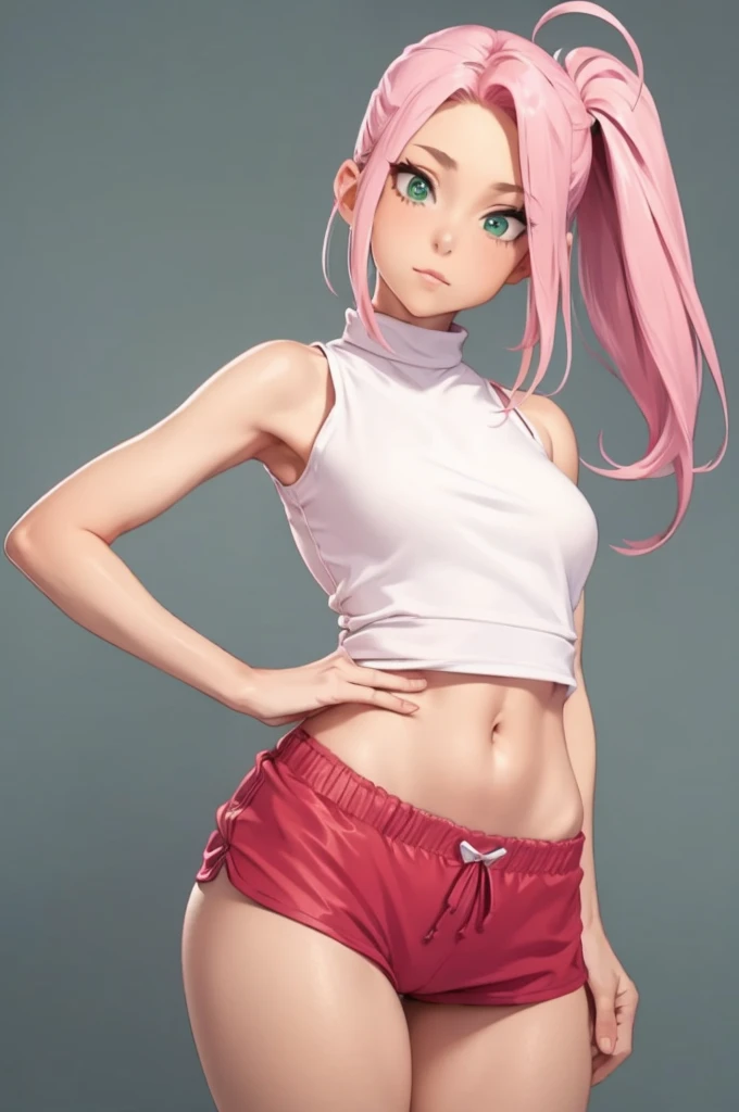 1 girl in public, ashamed, hits,  body, perfect slender body,  girl, pink hair in a side ponytail, sensual neckline, round breasts, micro shorts 1.4, ultra high definition, 4k image, green eyes, character close up camera, tight shorts, v panties, pink panties, low waist panties. Sakura Haruno. Small top and big tits that come out from under the top. Making a "L" with the index finger and thumb. Making a "L" with the index finger and thumb, "L" with the index finger and thumb. Right angle between the index finger and the thumb.