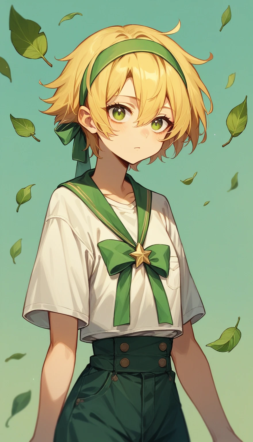 Generate a girl。Short blonde hair with a headband made of yellow-green ribbons that look like young leaves、Star-shaped lights in my eyes、It has a bright expression。