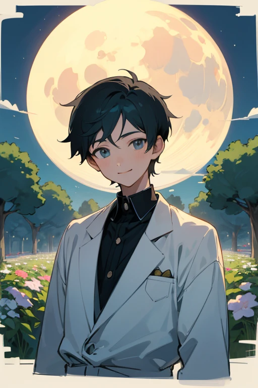 Highest quality, expensive_solve, clear_image, 2D Background ,12 year old boy, Upper Body,smile,garden,moon,Illustration, Anime Style,