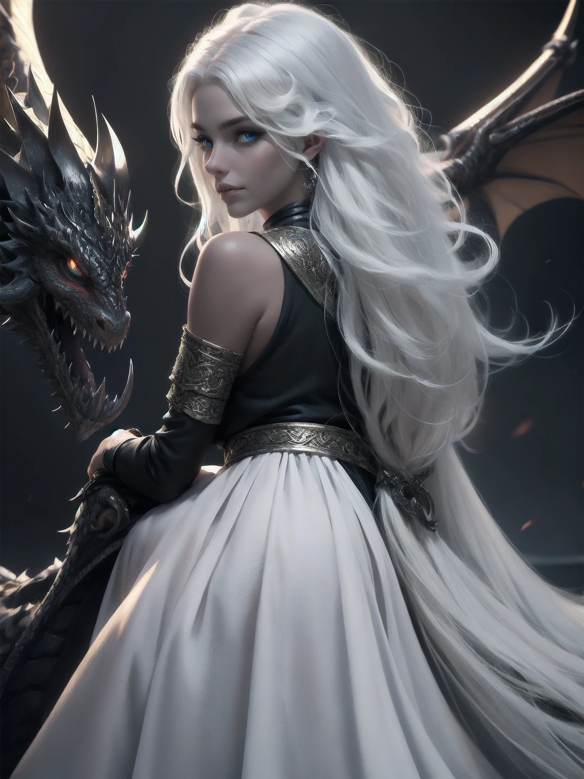 {-erro_de_anatomia:1.0} woman 30 years old, north,viking clothes, (nordic dress), dark castle, a woman (baela targaryen), black woman, (black skin) medium hair, white curly hair (white hair), (blue eyes) . Indifferent look , merciless. among the dragons, dinamic poses, egoist smile, upper body, angry face, sitting, backwards, looking back