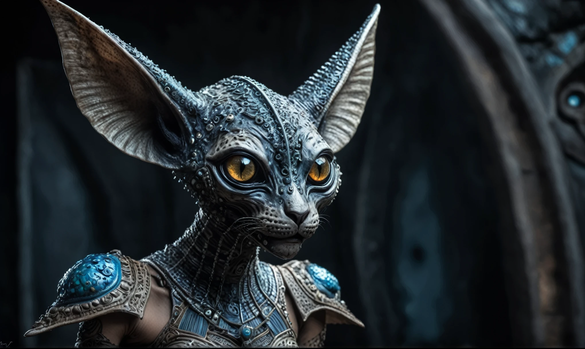 full body length shot,nerd graphite Alien Entity,native africa slave ,azctec Finnish Lapland,Cinematic,soft colors, Technicolor,natural skin textures, hyper realism, hyper detailed,Extremely detailed,High contrast,Masterpiece,Realistic,Ultra Detailed, intricate details,realistic humid leather,extremely intricate details,Epic Realistic, cinematic style, irina yermolova,high contrast,hdr,extremely detailed,day landscape,masterpiece, intricate details, eyes extremely detailed, high detailed eyes,8k resolution,retina, Nikon Z9,Korea,orc,Egypt, Pisces, transition between two art styles,full body length, Double contact, X-ray, Creative, vivid light, fantasy, Abstract, Surrealism, super detailed, high resolution,insanity national folk wear,skin almost translucent, gothic elements,Mestichino,Light particles,chaos,starfish's leather,"(The best lighting, dark, dramatic),(alien cat half-skull fetus, Hellraiser, Scars, , poison brain, , a rat inside the head, terror.),(fish eyes, calaveras