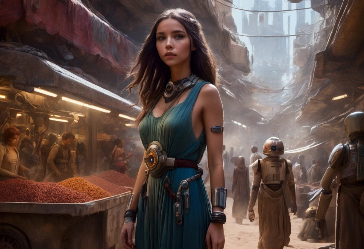 a lovely woman in an airy dress, marketplace on tattooine(area is seed, rusty, dusty, and used. People are dressed in ruddy outer layers but have vibrant clothing beneath. Dust and sand continually get on the floor. droids small and worn busy themselves battling the dirt and grime), aliens, star wars, cyberpunk, neon lights, crowd, futuristic, vibrant colors, detailed, photorealistic, 8k, high quality, cinematic, dynamic pose, beautiful girl, long flowing hair, intricate dress design, alien vendors, bustling marketplace, scifi atmosphere, dramatic lighting, advanced technologies, retro-futuristic, gritty urban, synergistic blend
