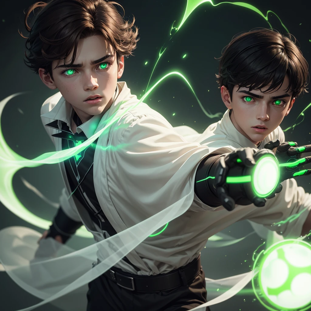 a ghost boy with green glowing eyes, brown hair, white and black outfit, glowing green energy hands, floating in the air, highly detailed, 4k, photorealistic, cinematic lighting, dramatic composition, vibrant colors