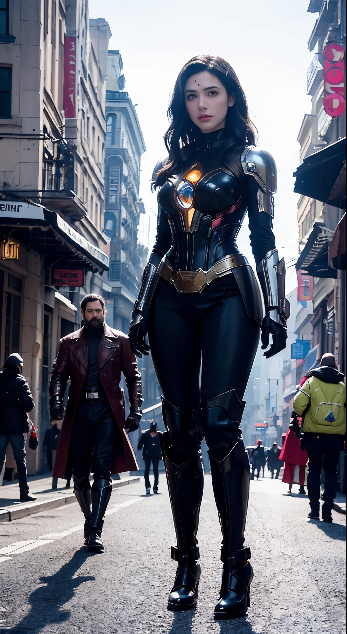 with high definition images，Gal Gadot stills、Superwoman、Black Widow，Film Stills、Burning city setting、rorschach、the avengers(2023)　Full body high quality images，Facial details