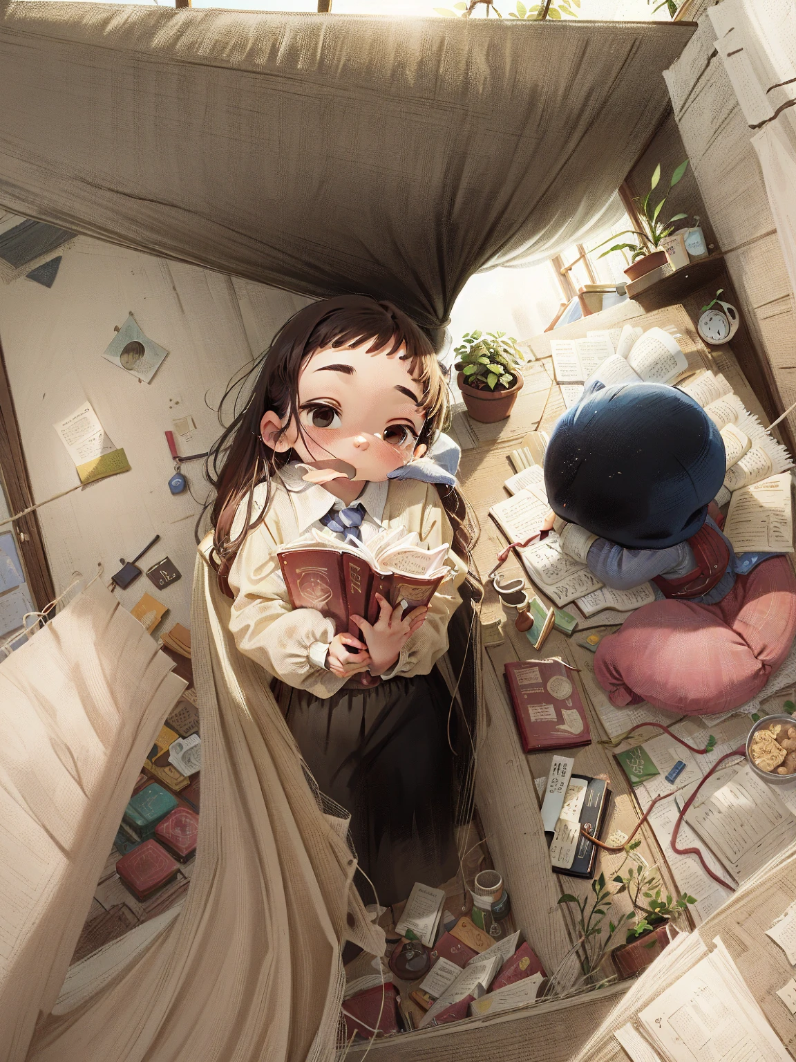 An interior scene，Sunlight shines in through the windows，The ground is full of books，Plants in the room，bookshelves，Heartwarming scene