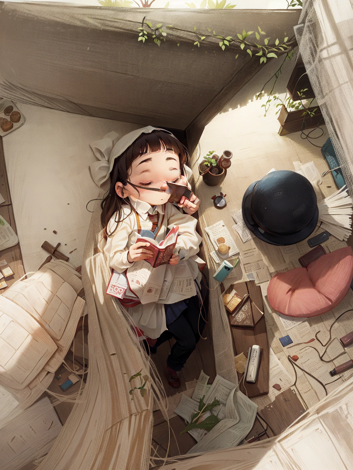 An interior scene,Sunlight shines in through the windows,The ground is full of books,Plants in the room,bookshelves,Heartwarming scene