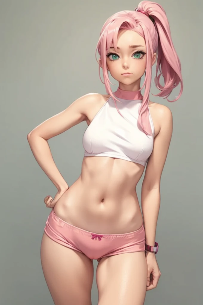 1 girl in public, ashamed, hits, body, perfect slender body, 13 year old girl, pink hair in a side ponytail, sensual neckline, round breasts, micro shorts 1.4, ultra high definition, 4k image, green eyes, character close up camera, tight shorts, v panties, pink panties, low waist panties. Sakura Haruno. Small top and big tits that come out from under the top, skin under top tits. Pose with one hand in front and one on the waist.