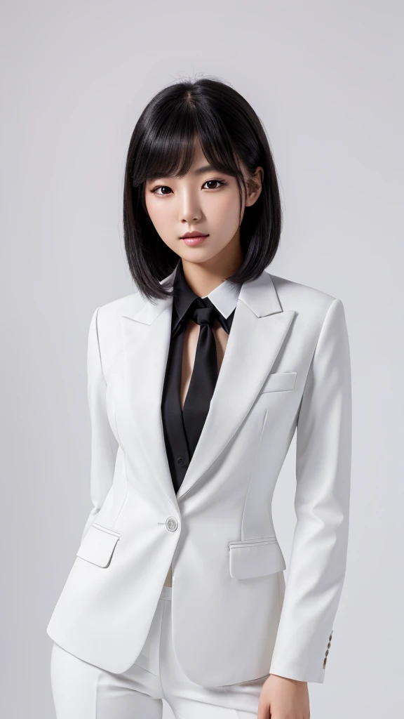 (masterpiece:1.4),, (best quality:1.4),, ultra-high res,, 8K, young korean female, black haired, suit and tie, modeling, white background, pg13.
