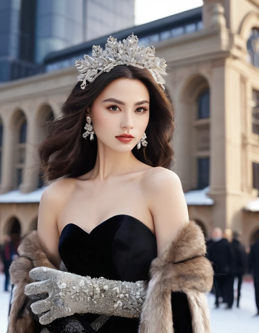 A beautiful girl wears a glamorous evening gown with sequin embellishments, paired with opera-length gloves and a fur stole. Ambient: The opera house is decorated with classic winter accents. The orchestra plays beautiful melodies as attendees enjoy an evening of cultural sophistication. She has a long brown silky hair, big brown eyes, beautiful face, bright facial skin, beautiful hand, impressionless, very beautiful Instagram model, realistic image. Dynamic composition, motion, ultra - detailed, incredibly detailed, a lot of details, amazing fine details and brush strokes, smooth