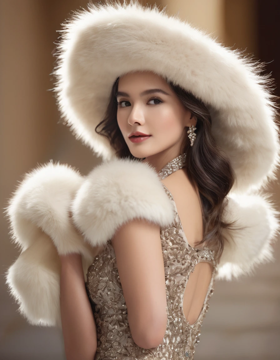 A beautiful girl wears a glamorous evening gown with sequin embellishments, paired with opera-length gloves and a fur stole. Ambient: The opera house is decorated with classic winter accents. The orchestra plays beautiful melodies as attendees enjoy an evening of cultural sophistication. She has a long brown silky hair, big brown eyes, beautiful face, bright facial skin, beautiful hand, impressionless, very beautiful Instagram model, realistic image. Dynamic composition, motion, ultra - detailed, incredibly detailed, a lot of details, amazing fine details and brush strokes, smooth