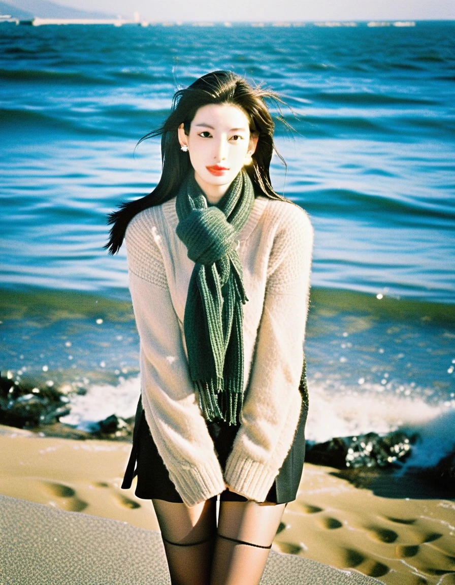 ulzzang, naver fanpop, streaming on twitch, ffffound, (Japanese idol face, Anne Hathaway look alike : 0.7), 8K, solo, full body, long legs, sweater, Dark green scarf, sea, The glimmer of the sea, KODAK Ektar 100, (Film grain:1.2), light particles, looking at viewer, earrings, sunshine,
