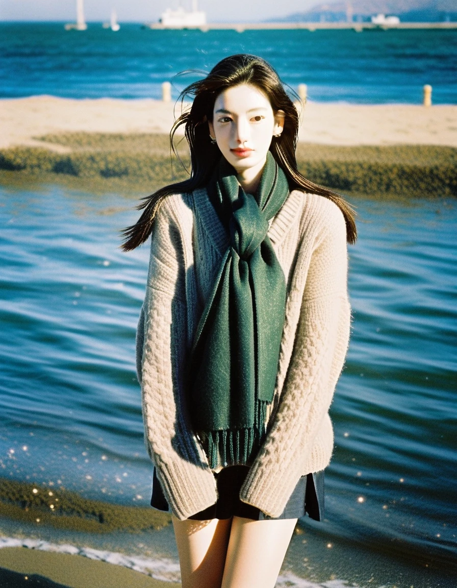 ulzzang, naver fanpop, streaming on twitch, ffffound, (Japanese idol face, Anne Hathaway look alike : 0.7), 8K, solo, full body, long legs, sweater, Dark green scarf, sea, The glimmer of the sea, KODAK Ektar 100, (Film grain:1.2), light particles, looking at viewer, earrings, sunshine,