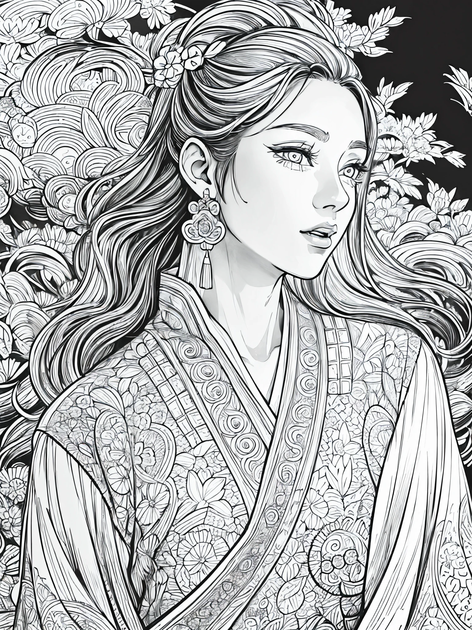 (Black and white coloring book:1.5), line drawings, masterpiece, best quality, ultra-detailed, high resolution, Very detailed face, (Eyes clear and distinct lines), Hair is white color, Full body shot, Woman in bright silk and finely embroidered Chinese dress, Hyper detailed crisp black line draw, ((simple white color))