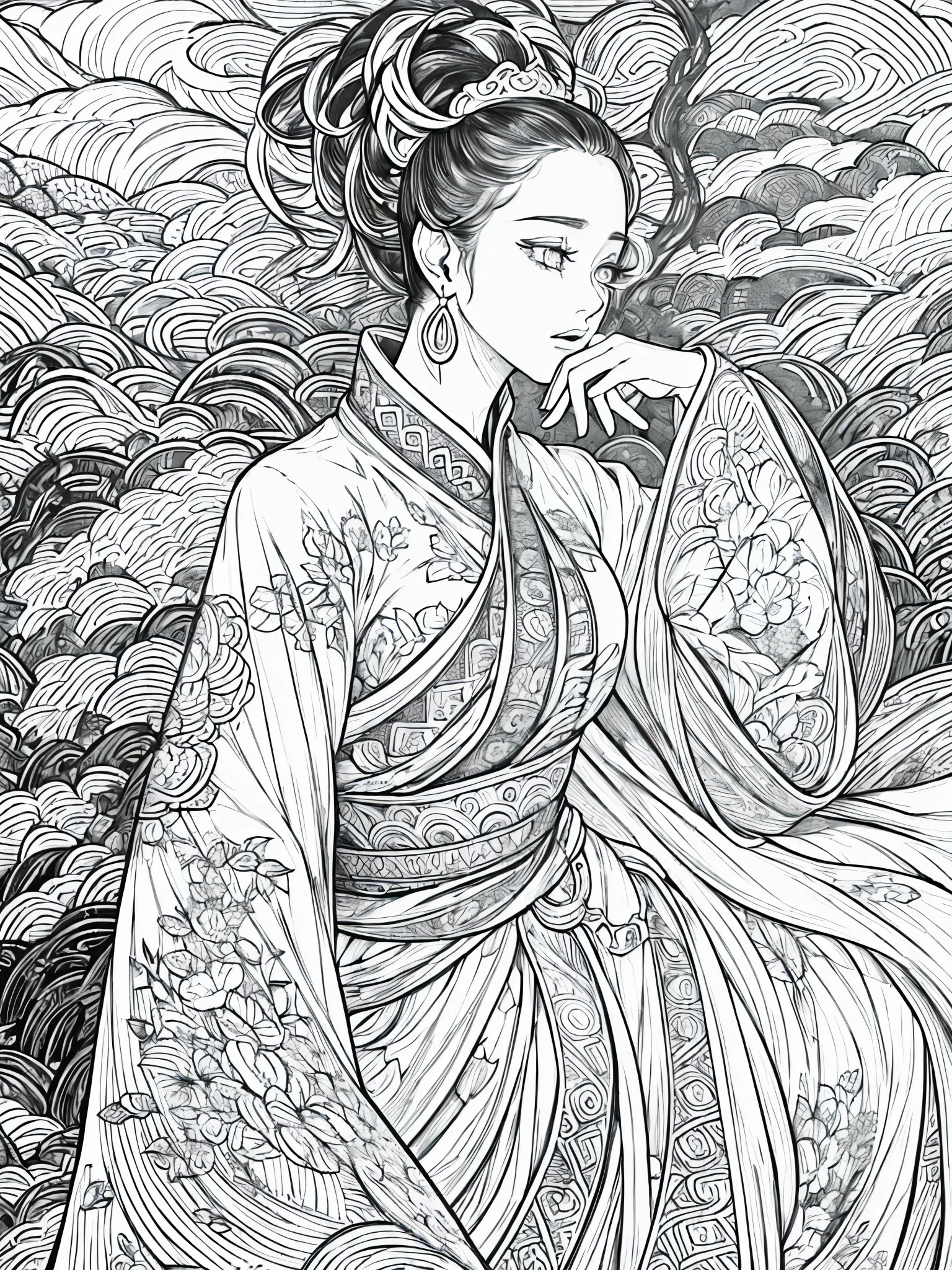 (Black and white coloring book:1.5), line drawings, masterpiece, best quality, ultra-detailed, high resolution, Very detailed face, (Eyes clear and distinct lines), Hair is white color, Full body shot, Woman in bright silk and finely embroidered Chinese dress, Hyper detailed crisp black line draw, ((simple white color))