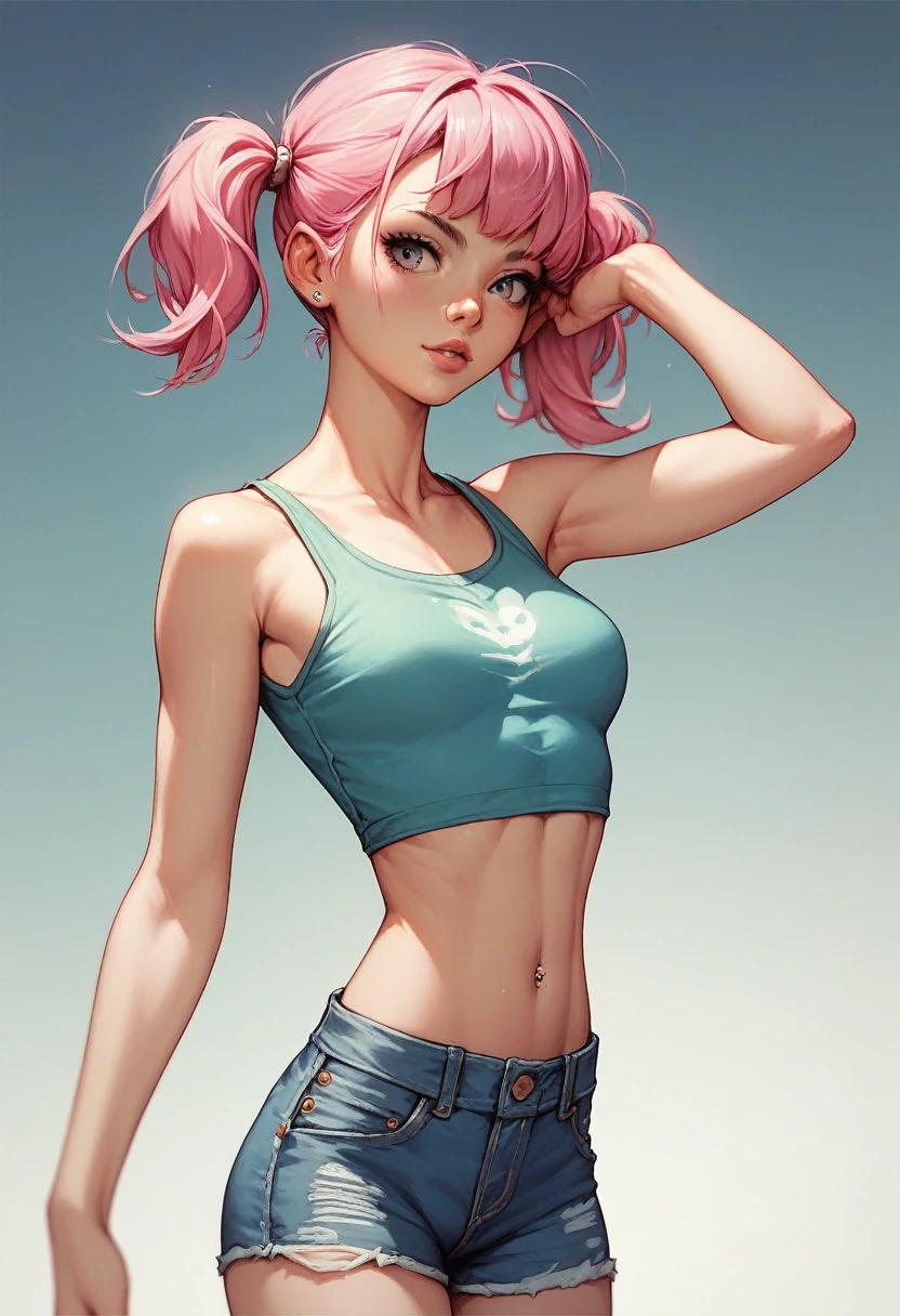 1 pretty woman, short pink hair with pigtails, small waist, skinny, crop top, jeans shorts